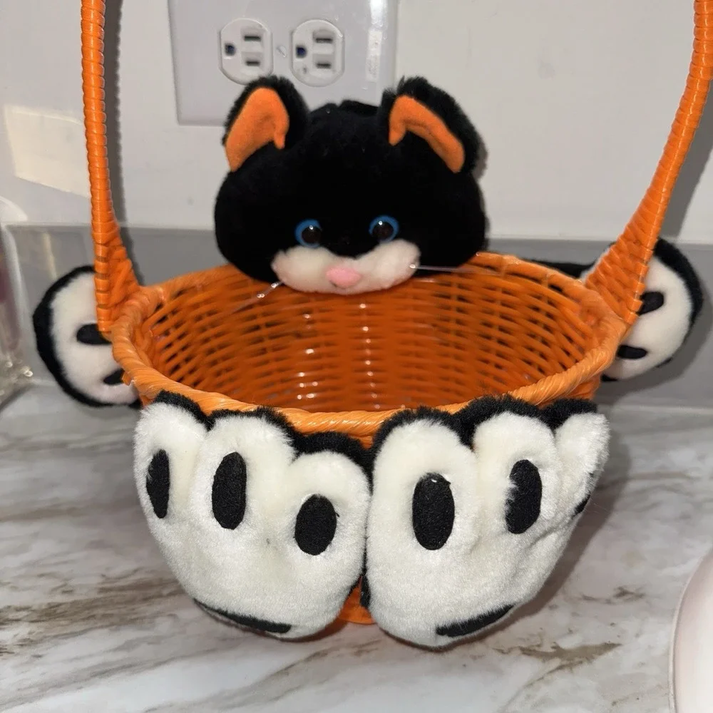 VTG Topstone Industries Orange Halloween Basket With Black &‎ White Cat